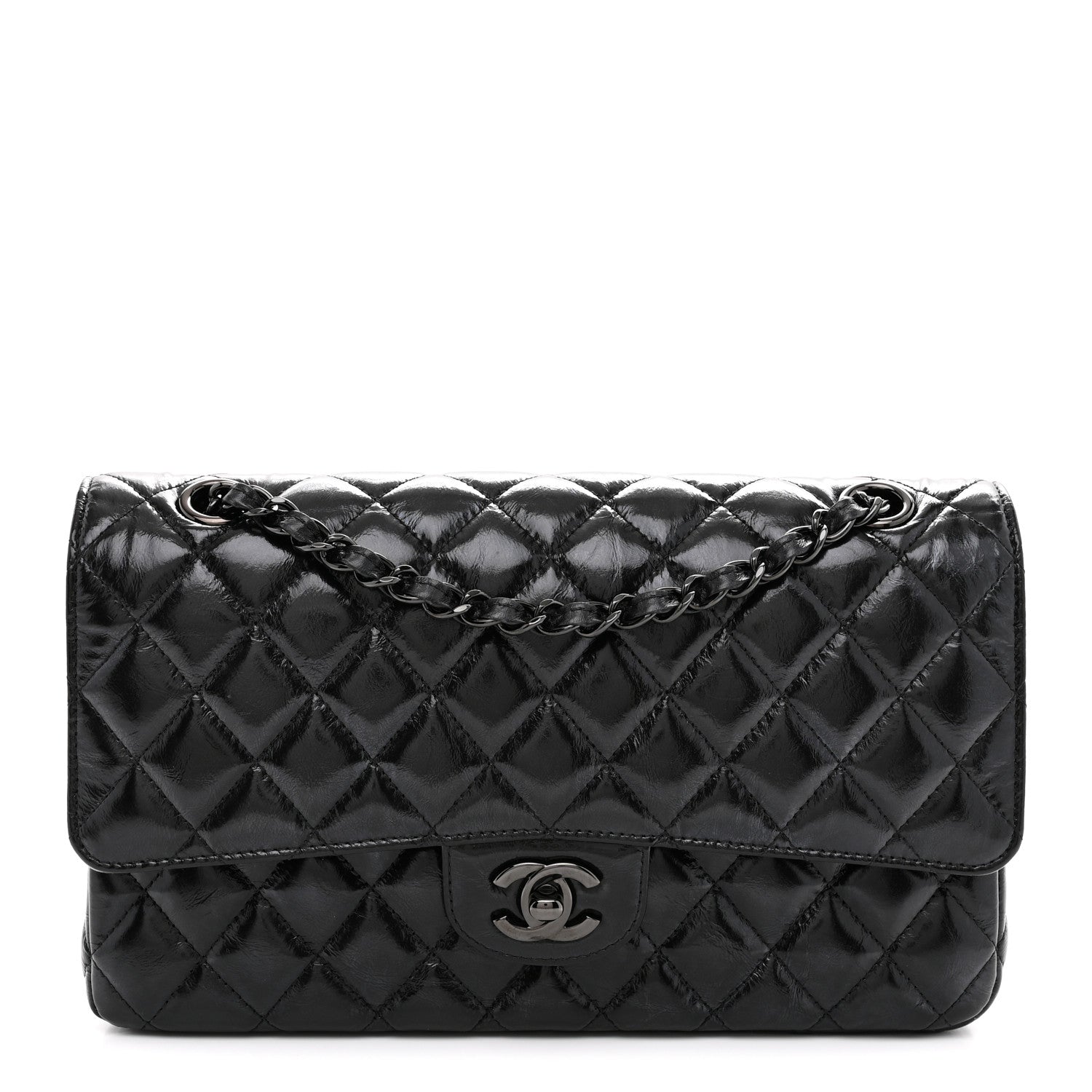 Shiny Crumpled Calfskin Quilted Medium Double Flap So Black