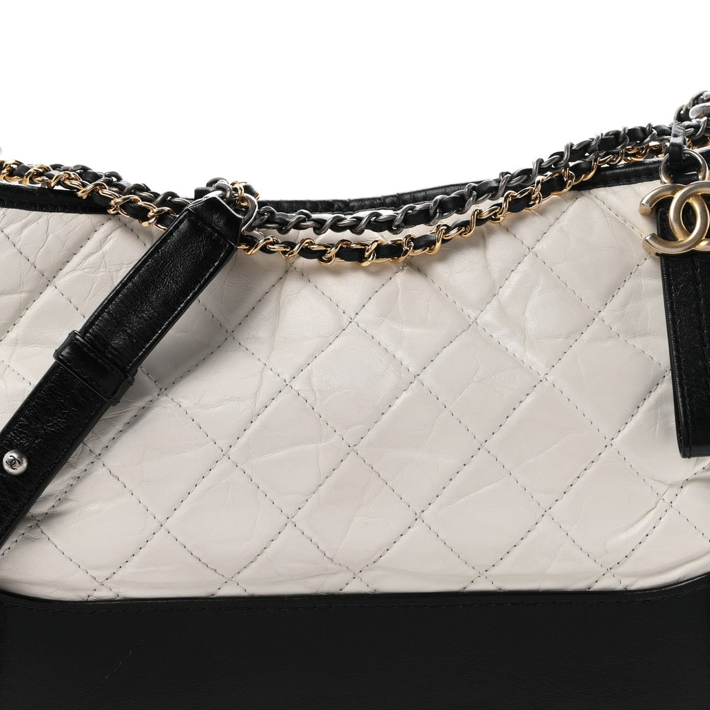 Aged Calfskin Quilted Medium Gabrielle Hobo Black White