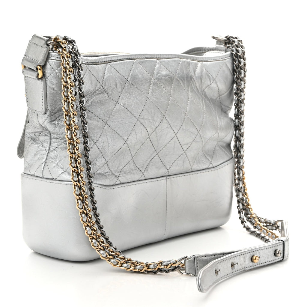 Metallic Aged Calfskin Quilted Medium Gabrielle Silver