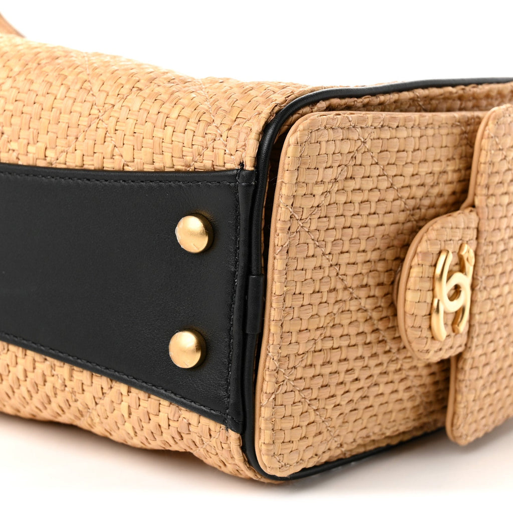 Braided Raffia Calfskin Quilted Mini Chanel 25 Handbag Beige Black
