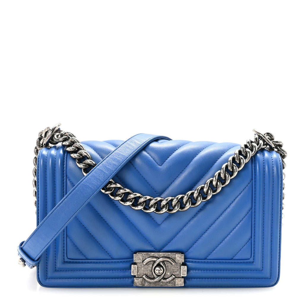 Lambskin Chevron Quilted Medium Boy Flap Bright Blue