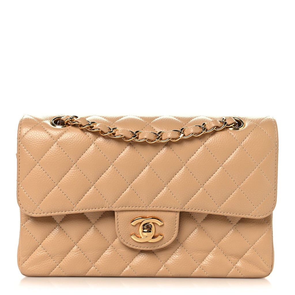 Caviar Quilted Small Double Flap Beige