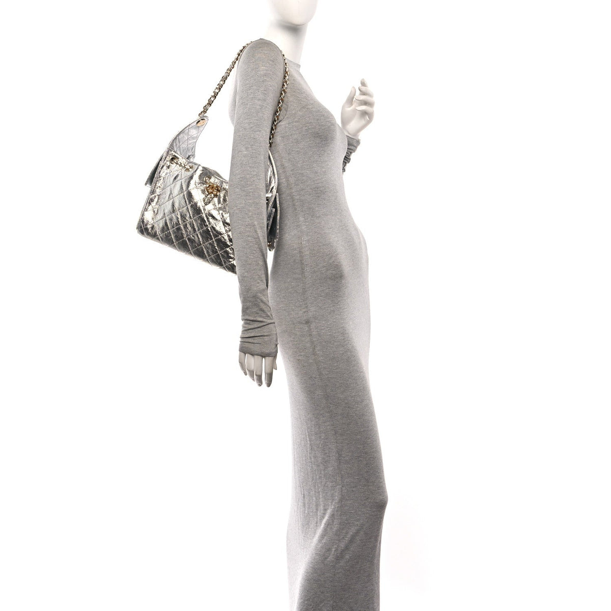 Metallic Aged Calfskin Quilted Small Chanel 25 Handbag Silver