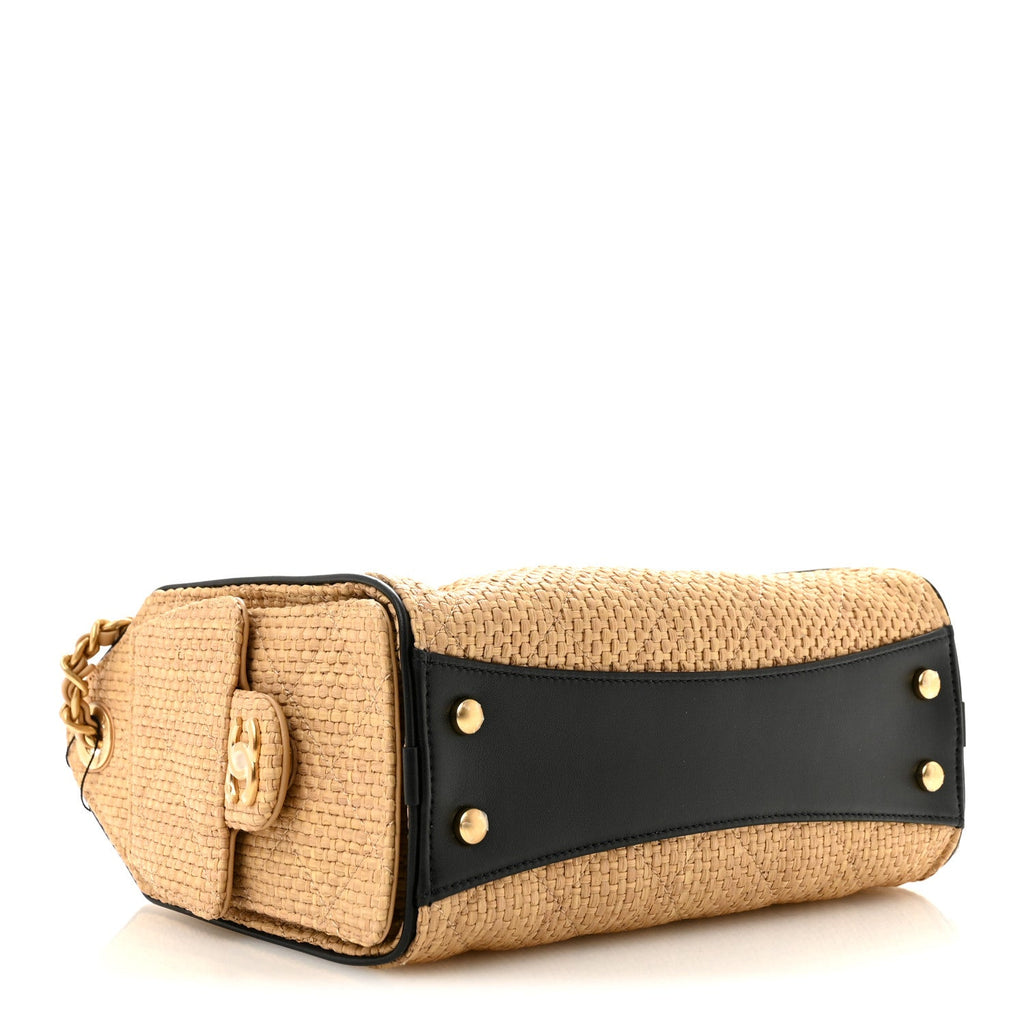Braided Raffia Calfskin Quilted Mini Chanel 25 Handbag Beige Black