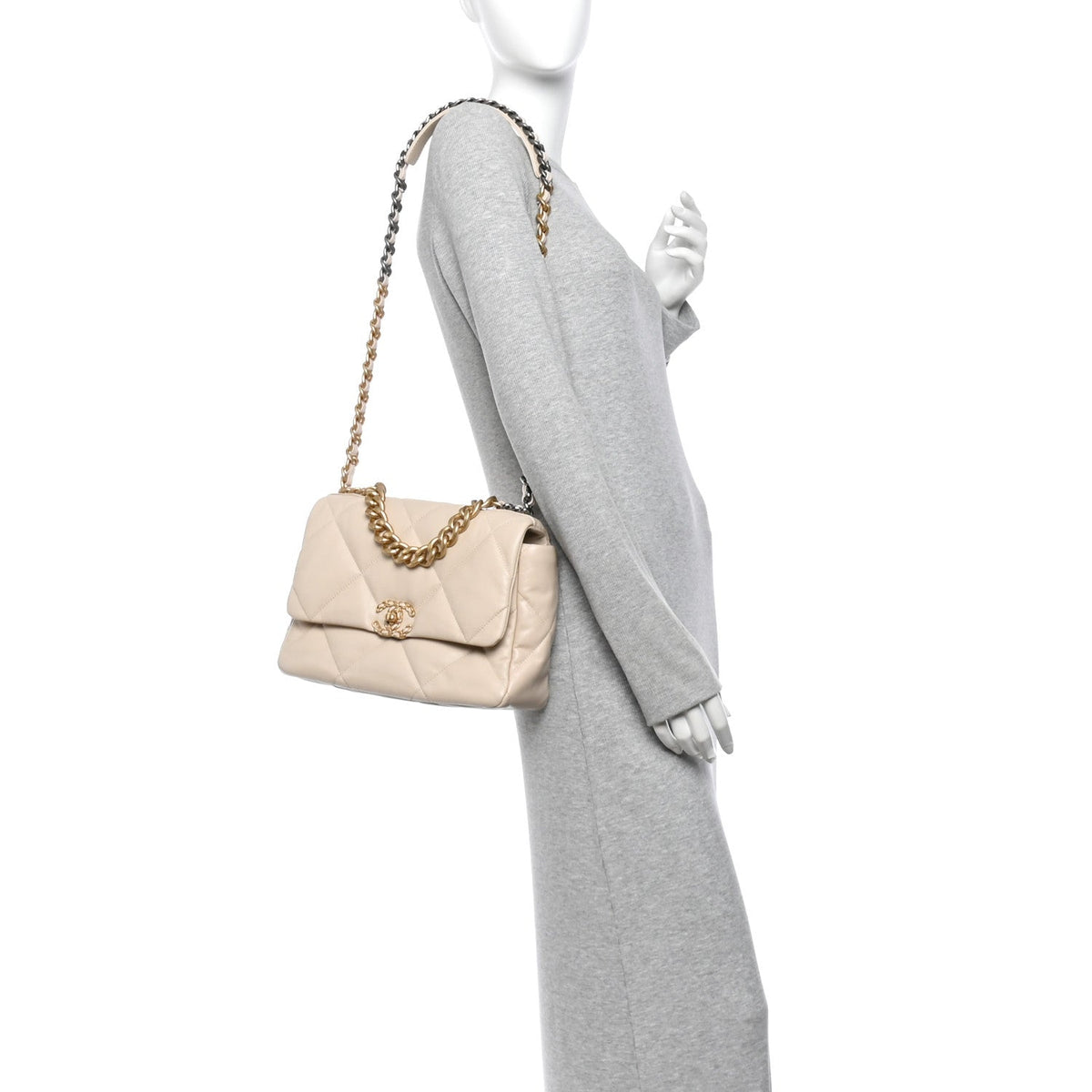 Goatskin Quilted Large Chanel 19 Flap Beige