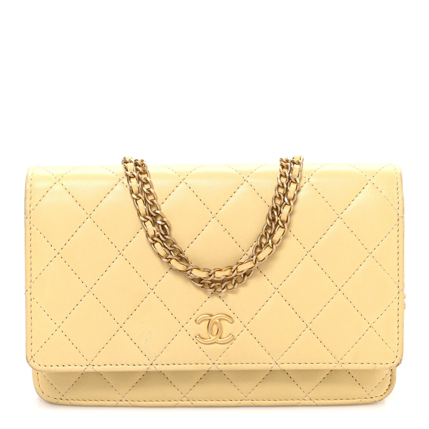 Lambskin Quilted Enamel Wallet On Chain WOC Yellow