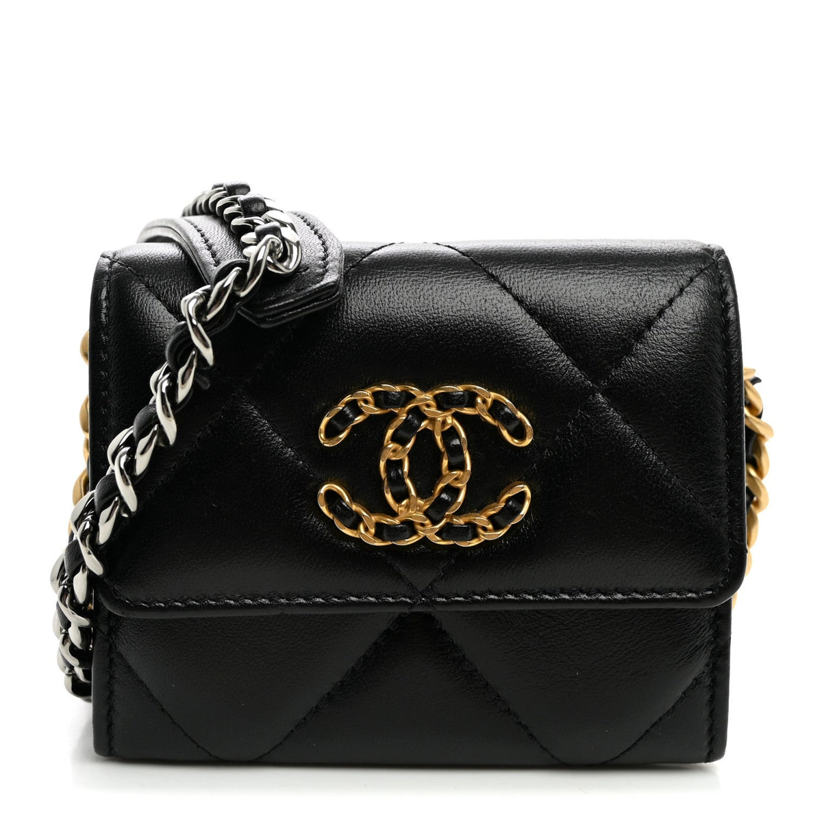 Lambskin Quilted Chanel 19 Flap Coin Purse With Chain Black