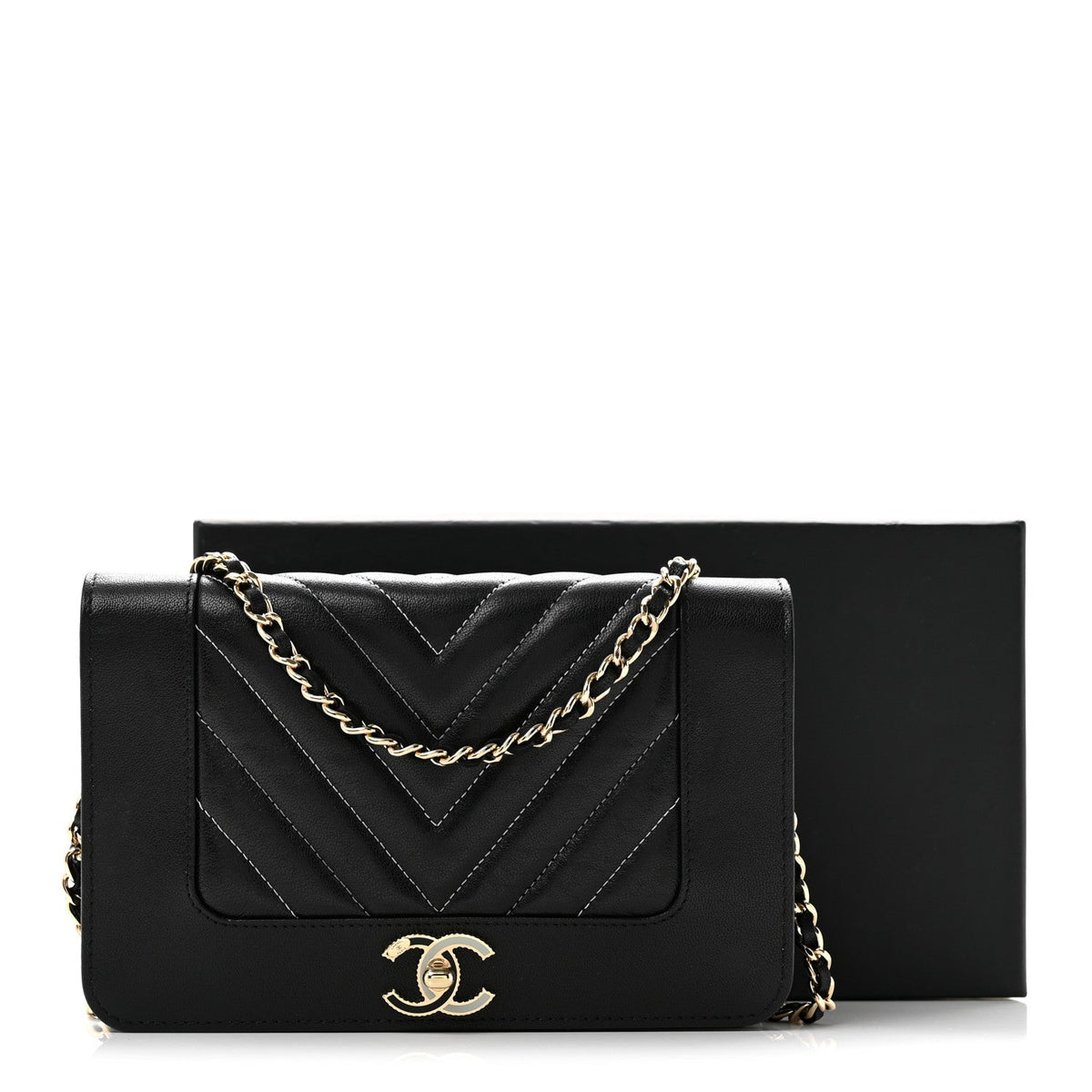 Caviar Sheepskin Chevron Quilted Vintage Mademoiselle Wallet On Chain WOC Black