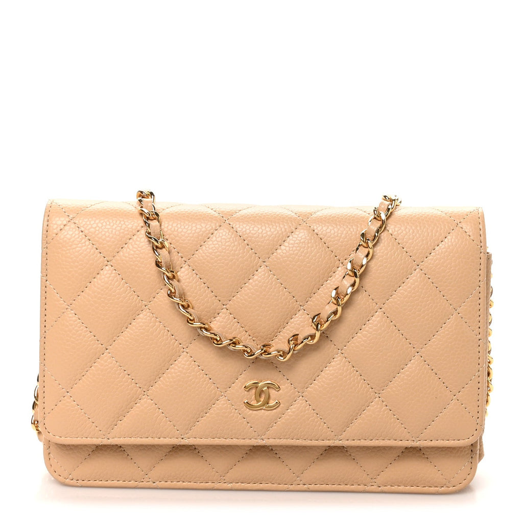 Caviar Quilted Wallet on Chain WOC Beige