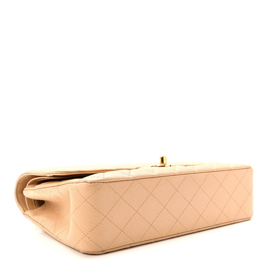 Caviar Quilted Medium Double Flap Beige