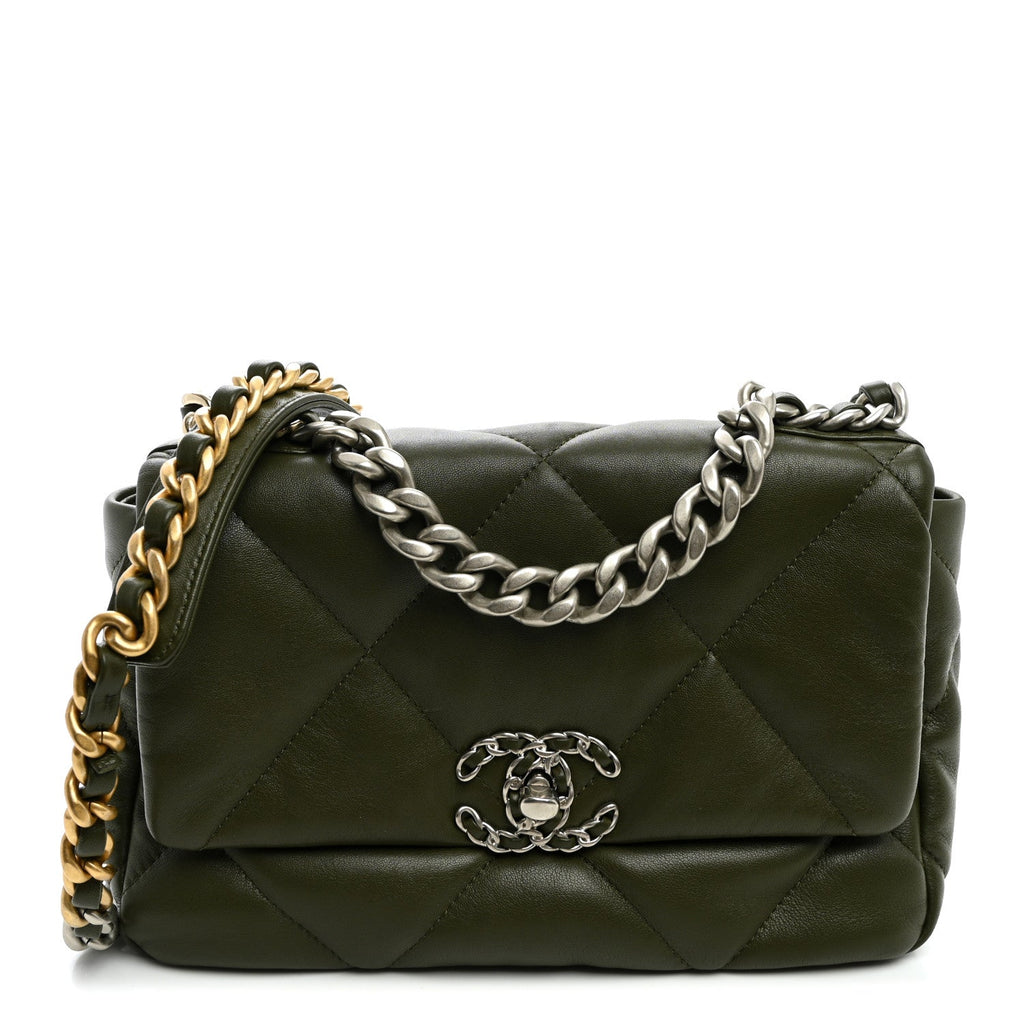 Lambskin Quilted Medium Chanel 19 Flap Khaki