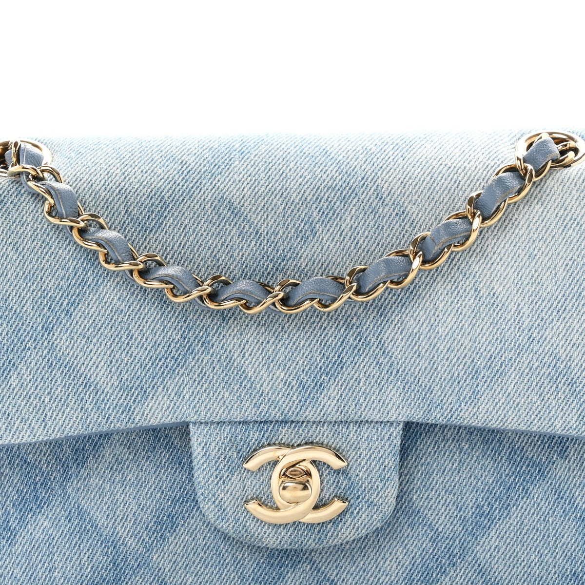 Printed Denim Quilted Small Double Flap Light Blue
