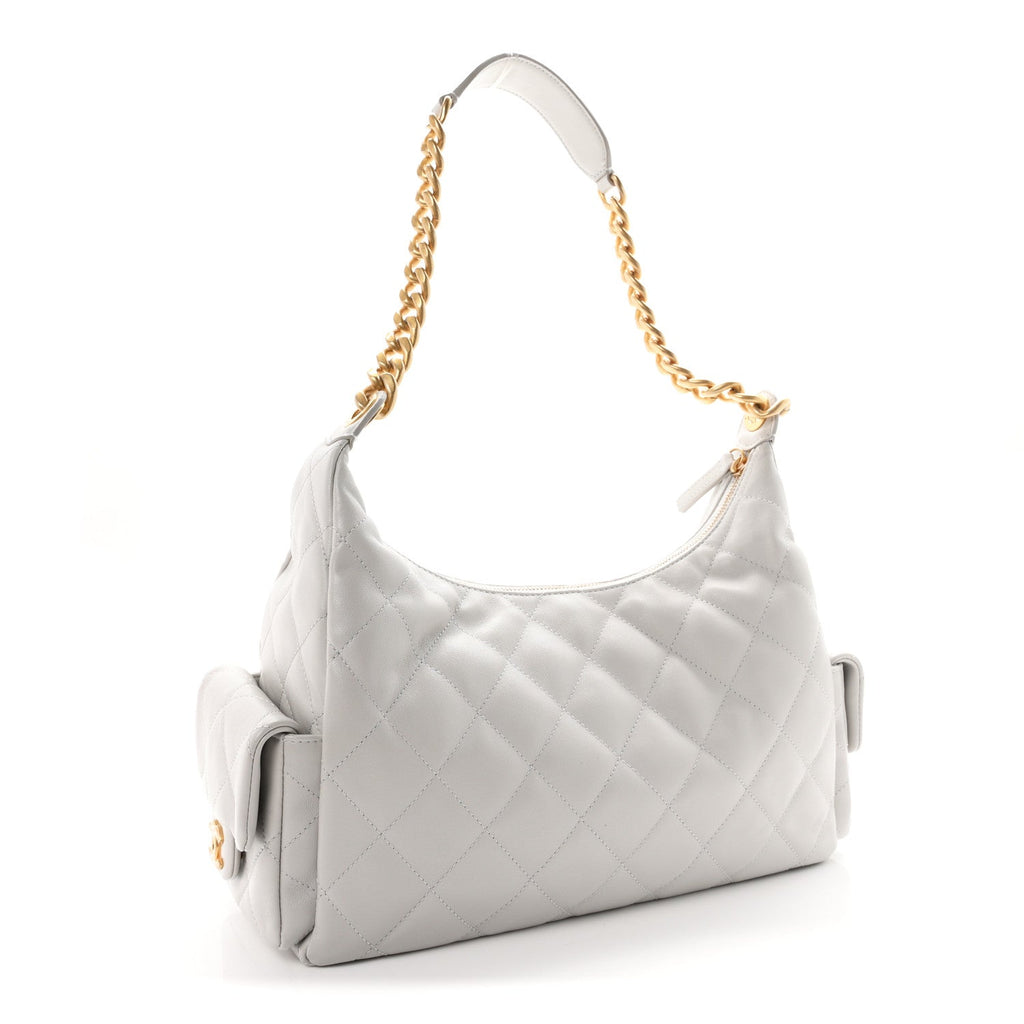 Shiny Lambskin Quilted Large Trendy Pockets Hobo Light Grey