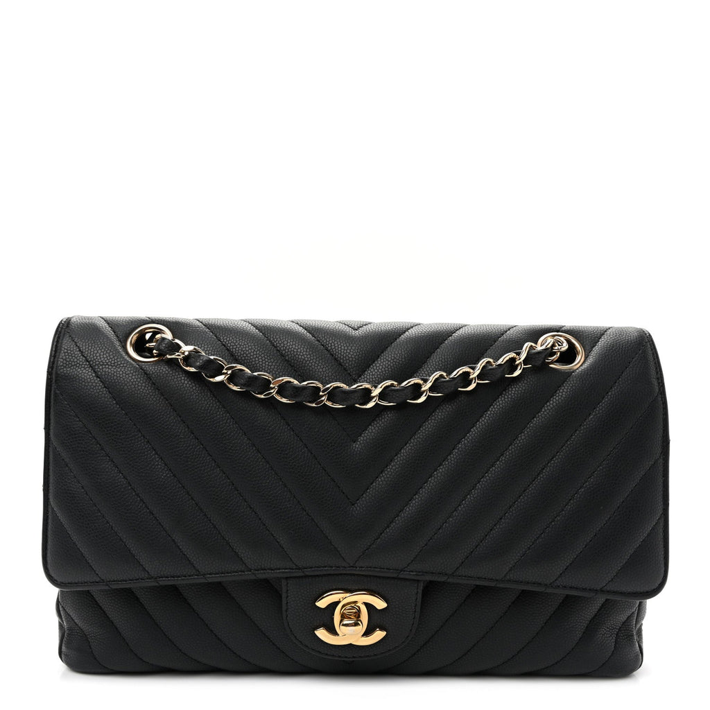 Matte Caviar Chevron Quilted Medium Double Flap Black