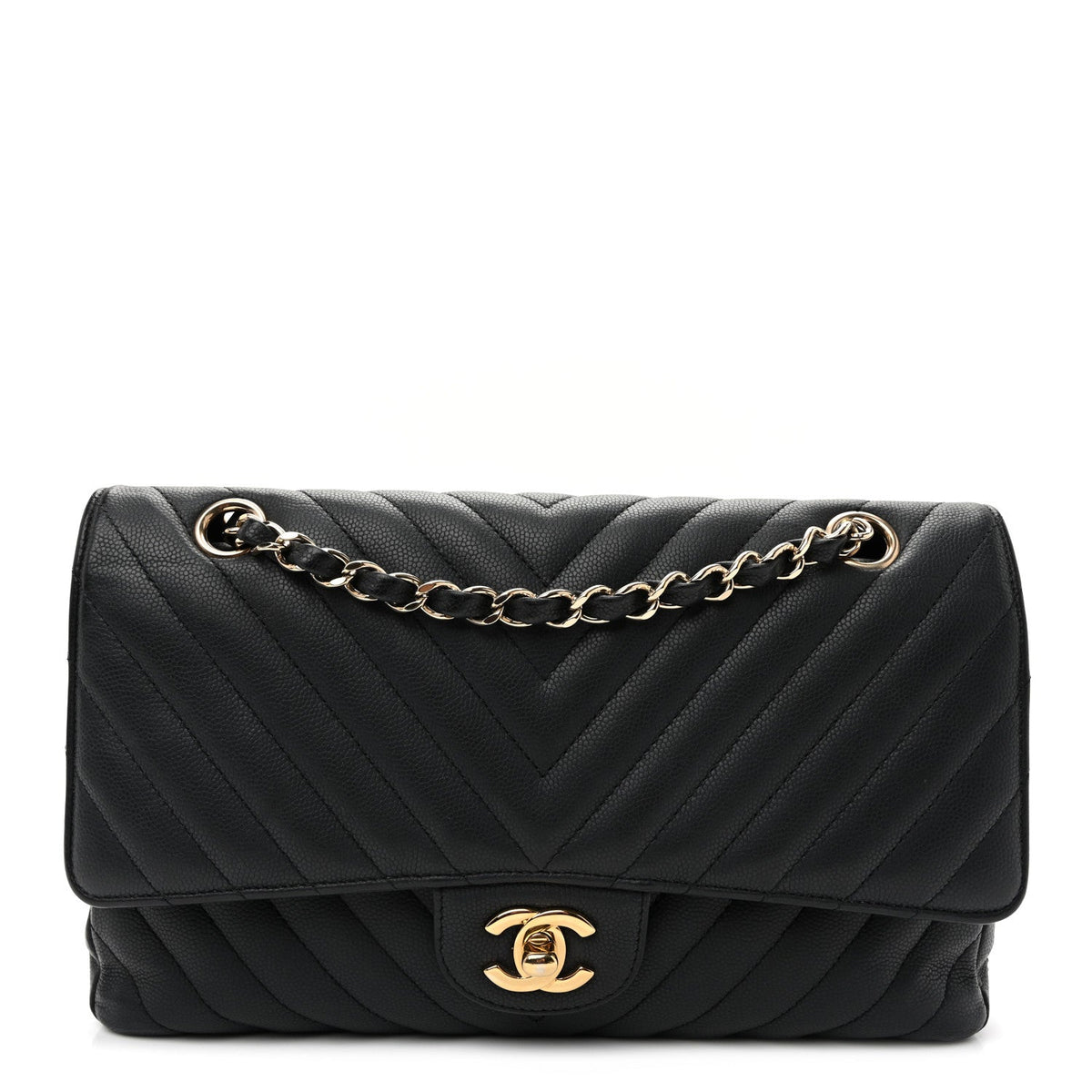 Matte Caviar Chevron Quilted Medium Double Flap Black