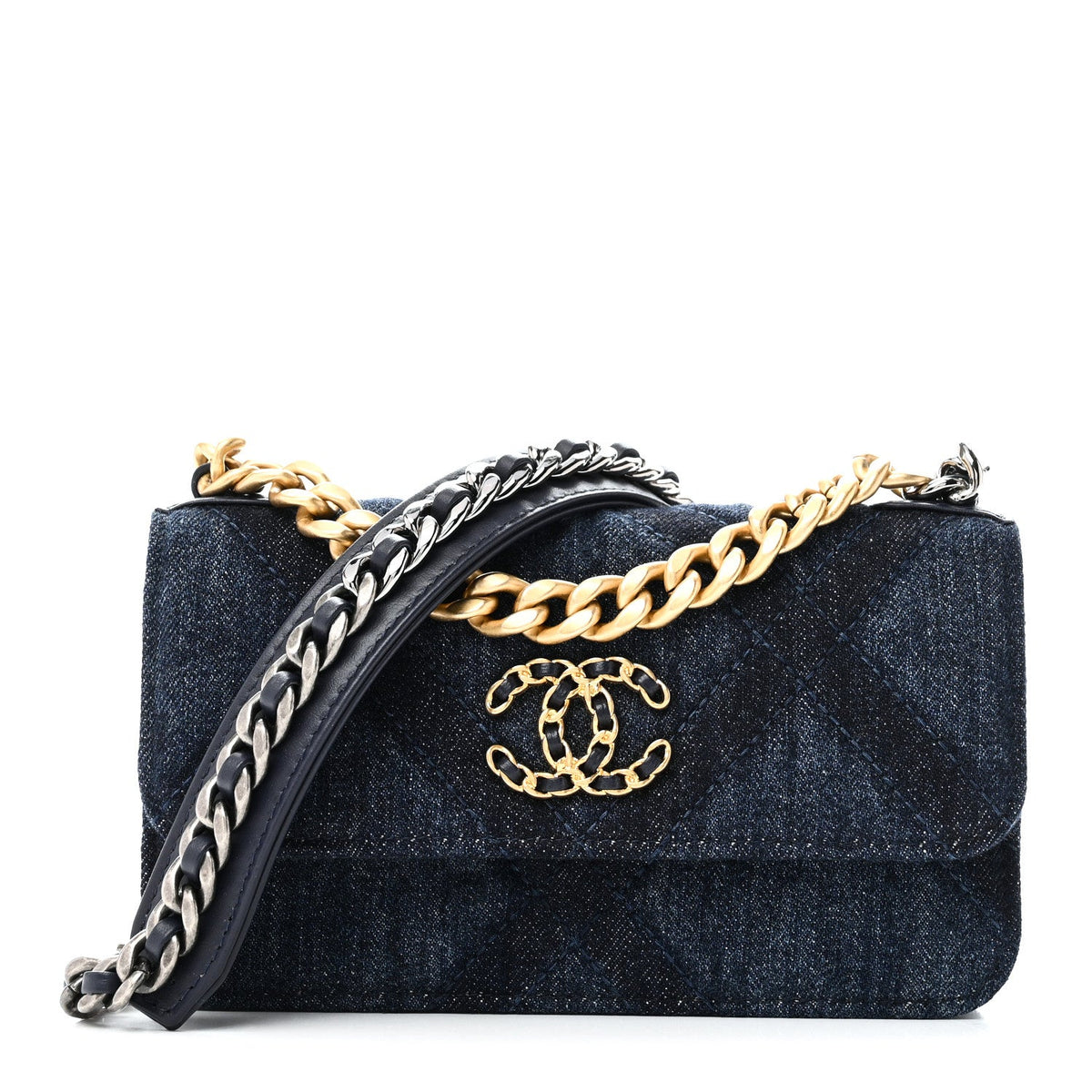 Denim Quilted Chanel 19 Flap Phone Holder With Chain Blue