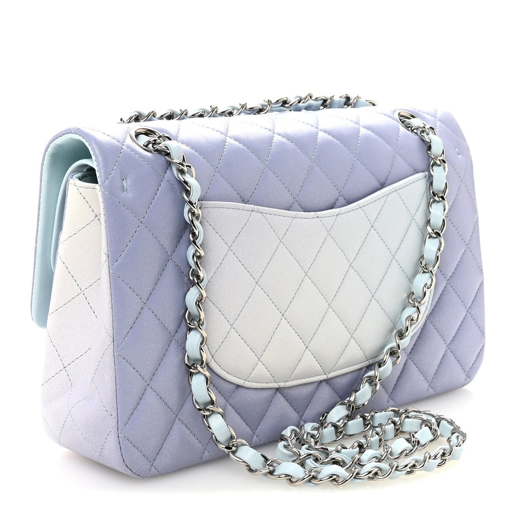 Perforated Lambskin Quilted Medium Double Flap Light Blue Light Purple White