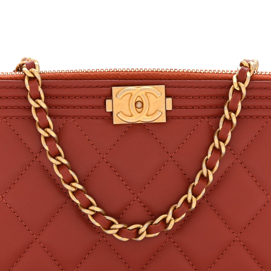 Lambskin Quilted Small Boy Clutch With Chain Orange