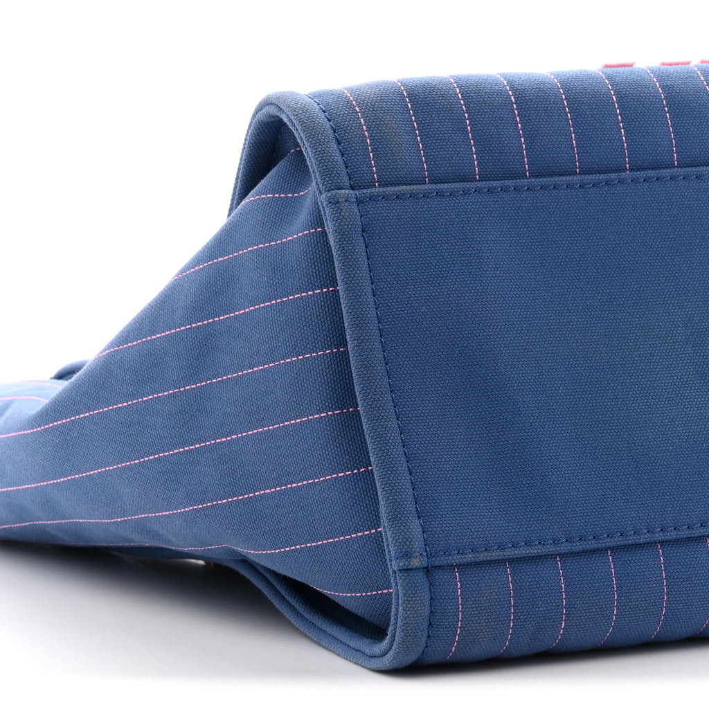 Canvas Calfskin Striped Medium Deauville Tote Blue