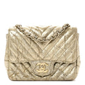 Patent Metallic Crumpled Calfskin Chevron Quilted Mini Square Flap Gold