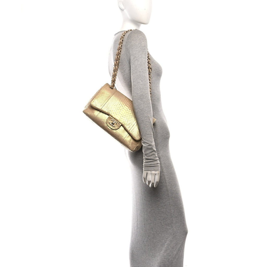 Metallic Snakeskin Jumbo Double Flap Light Beige