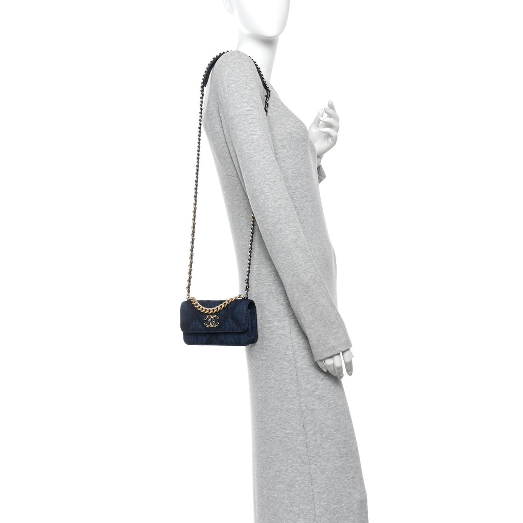 Denim Quilted Chanel 19 Flap Phone Holder With Chain Blue