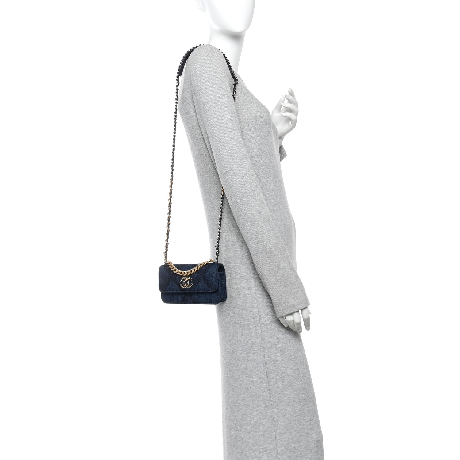 Denim Quilted Chanel 19 Flap Phone Holder With Chain Blue