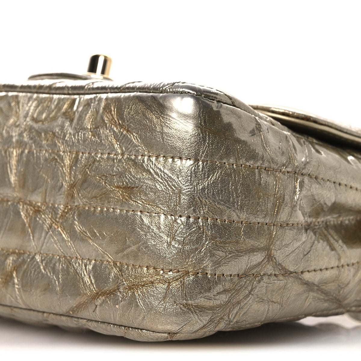 Metallic Crumpled Calfskin Chevron Quilted Mini Square Flap Gold