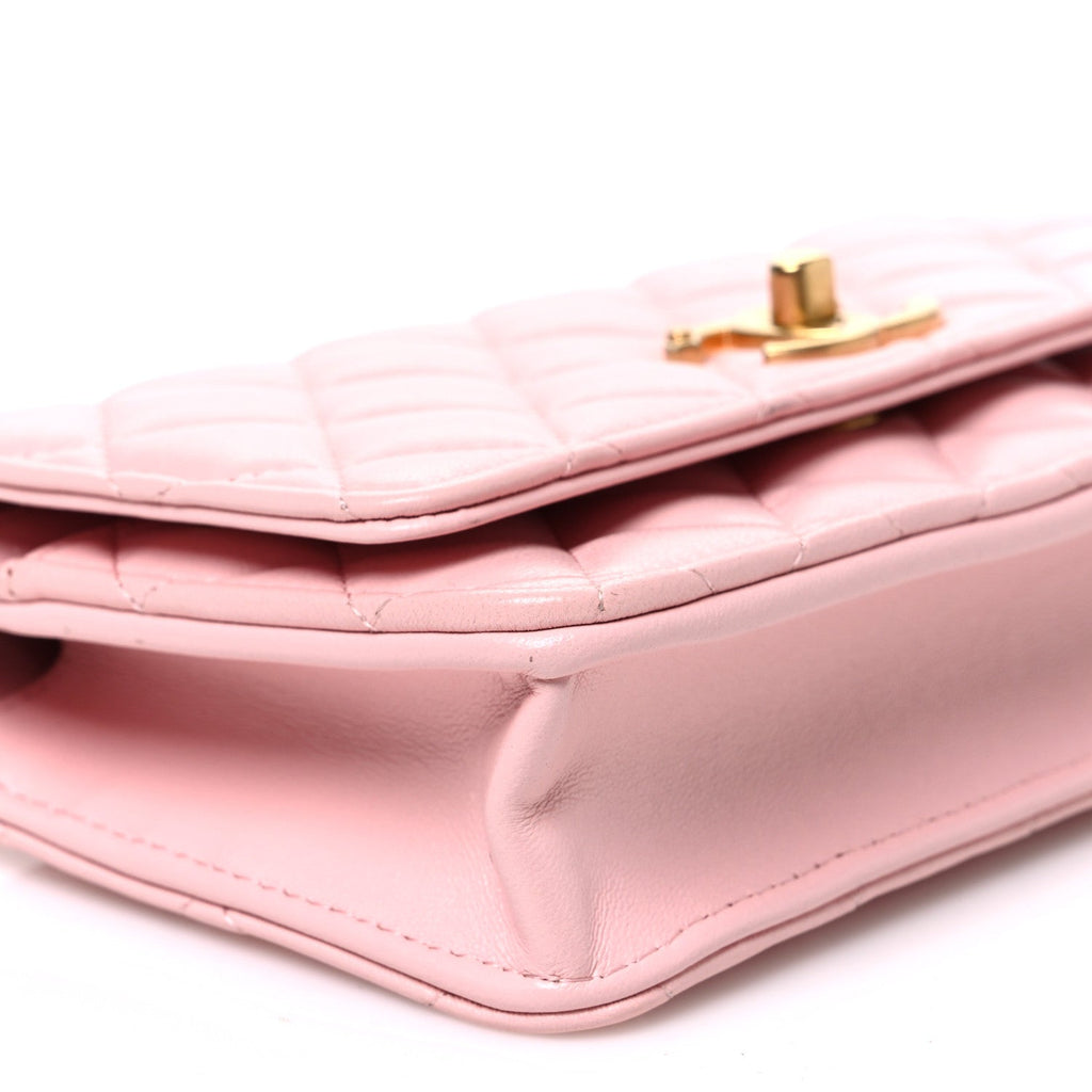 Shiny Lambskin Quilted CC Slide Wallet On Chain WOC  Light Pink