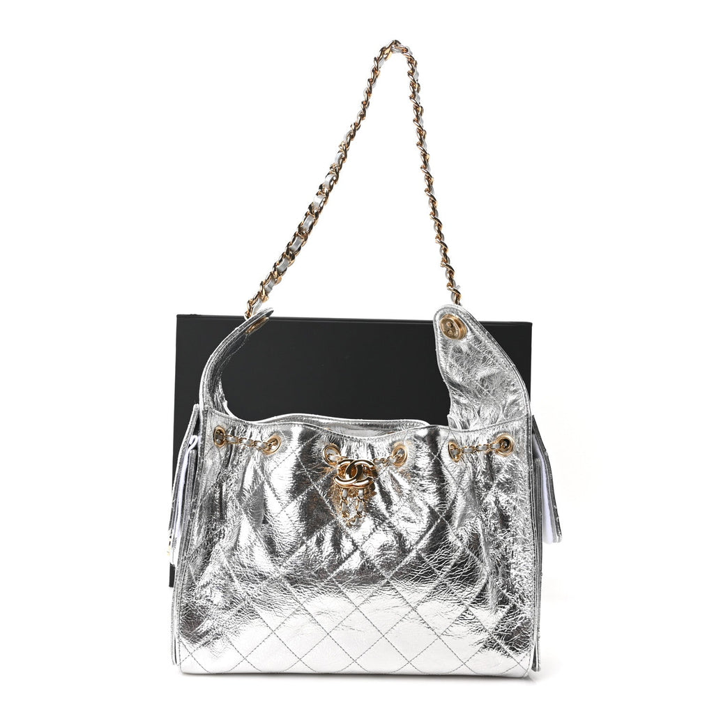 Metallic Aged Calfskin Quilted Small Chanel 25 Handbag Silver
