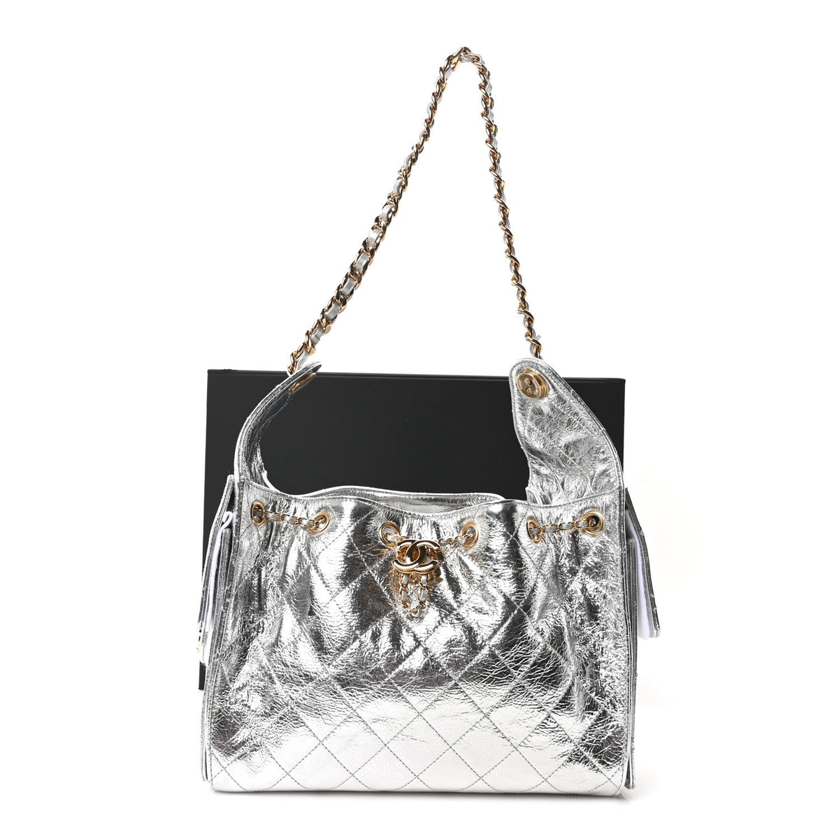 Metallic Aged Calfskin Quilted Small Chanel 25 Handbag Silver