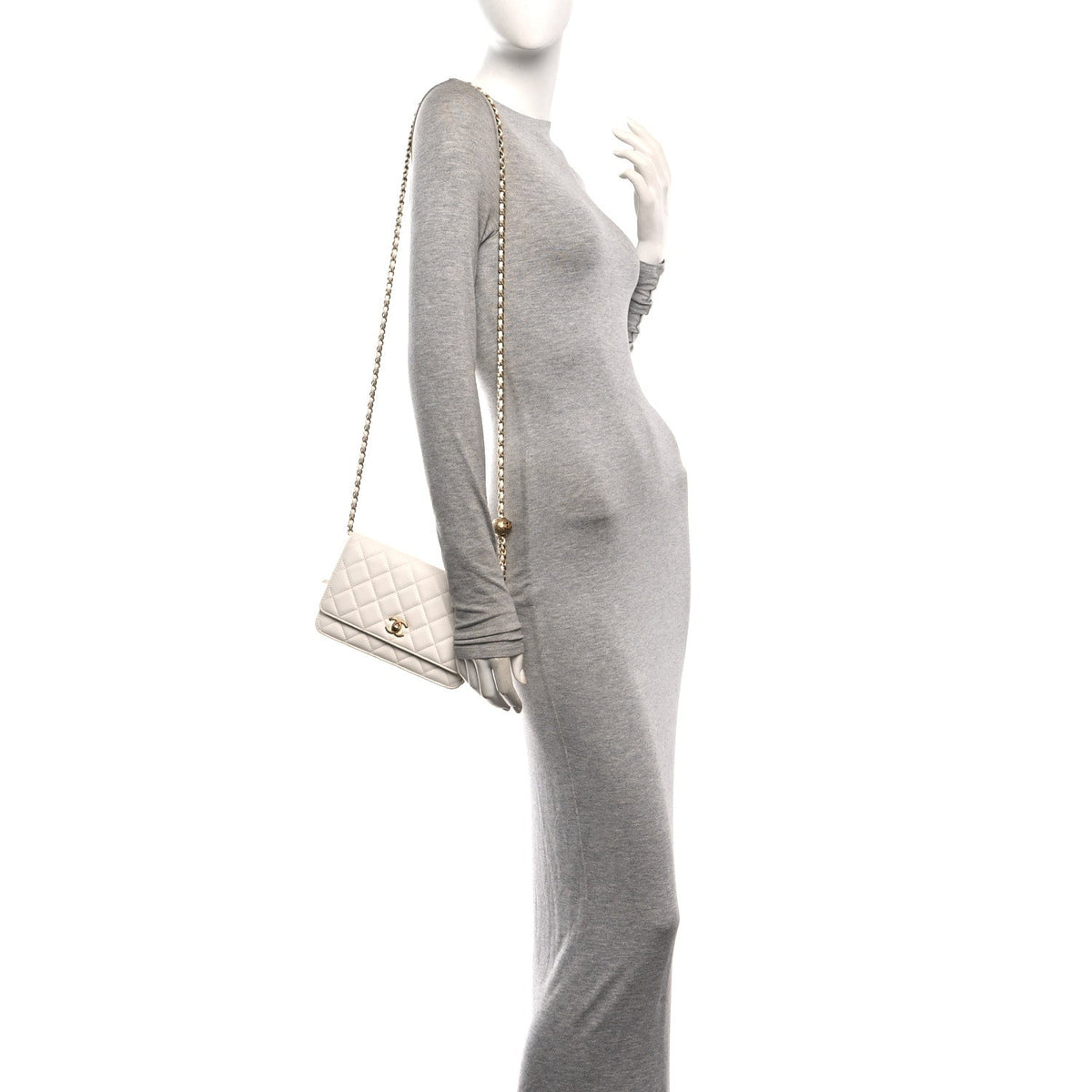 Lambskin Quilted CC Pearl Crush Wallet on Chain WOC White
