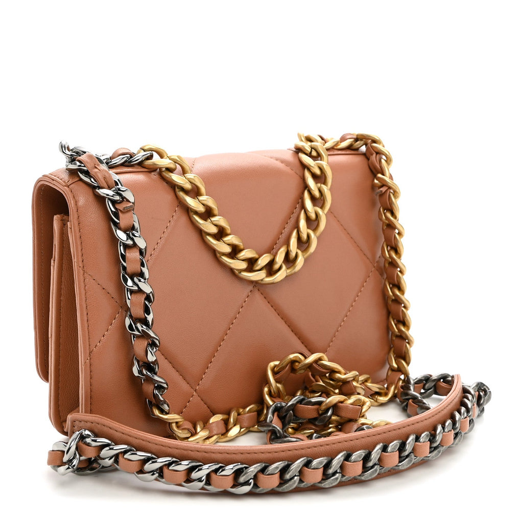 Lambskin Quilted Chanel 19 Wallet On Chain WOC Brown