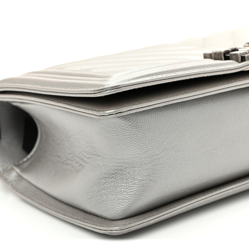 Metallic Caviar Chevron Quilted Medium Boy Flap Silver
