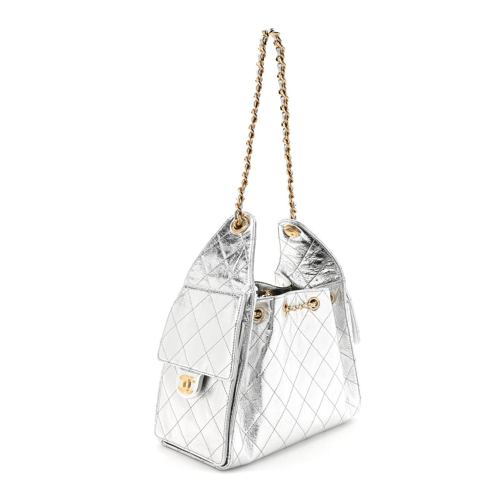 Metallic Crumpled Calfskin Quilted Small Chanel 25 Handbag Silvery