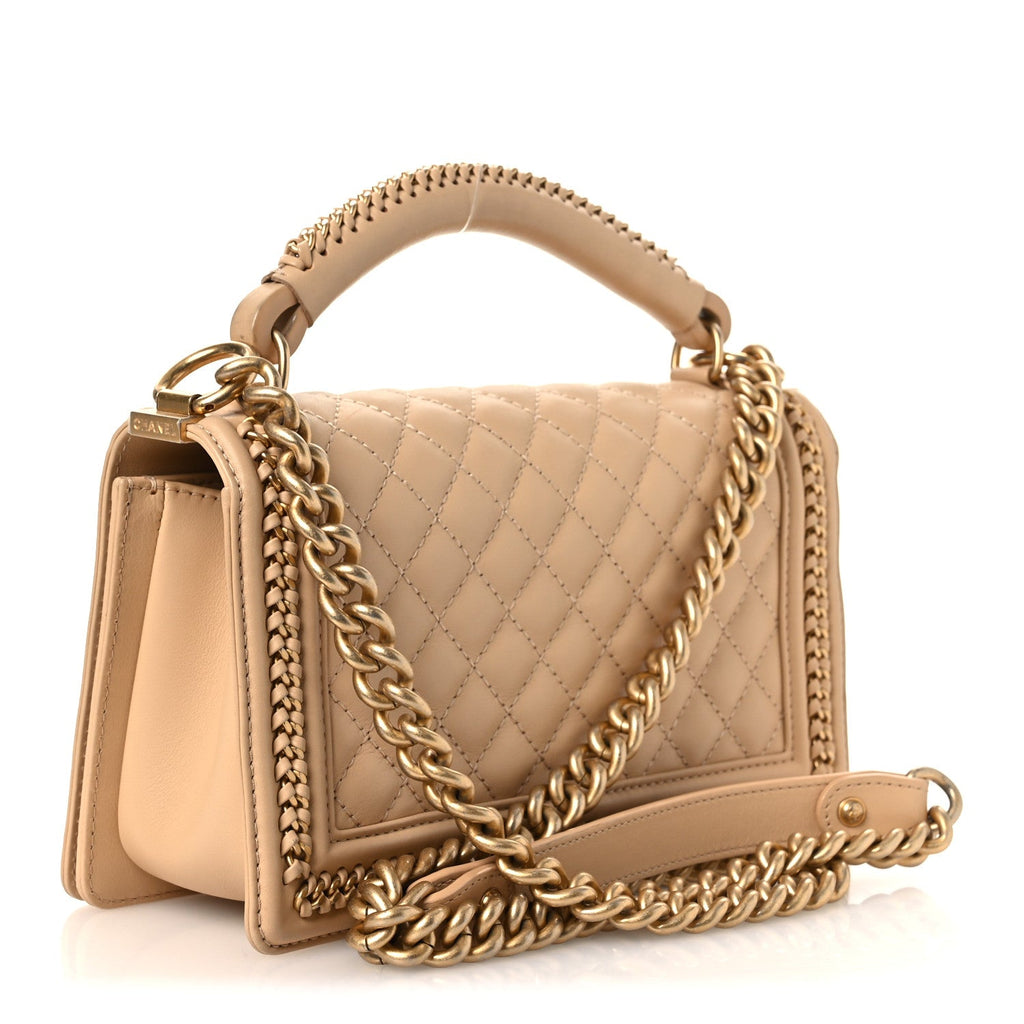 Calfskin Quilted Medium Boy Top Handle Flap Beige