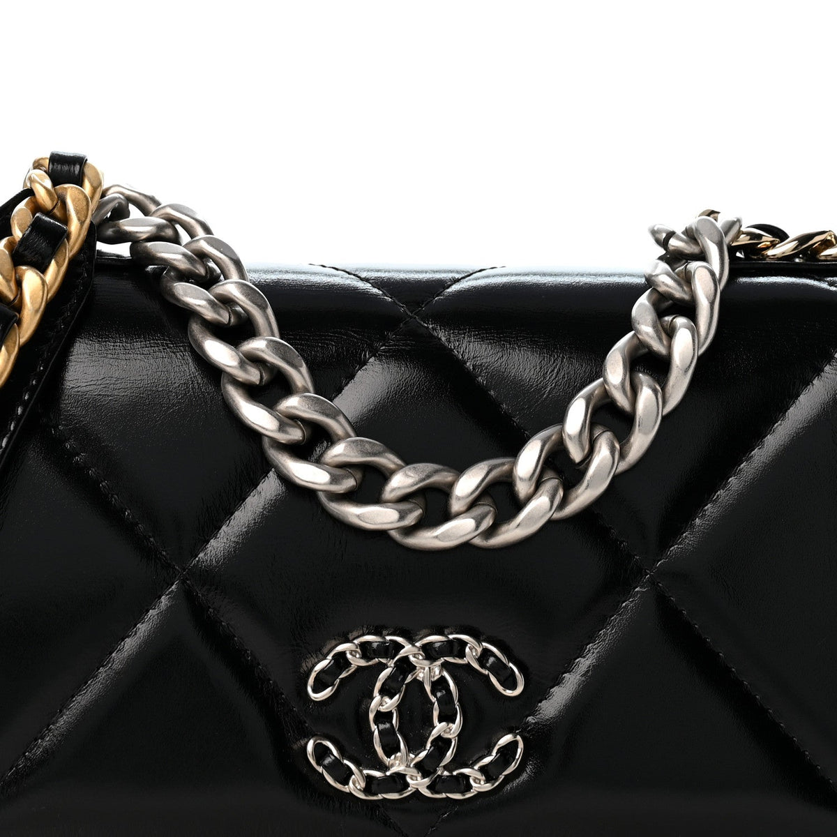 Shiny Crumpled Calfskin Quilted Chanel 19 Wallet On Chain WOC Black