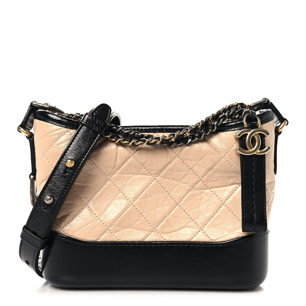 Aged Calfskin Quilted Small Gabrielle Hobo Beige Black