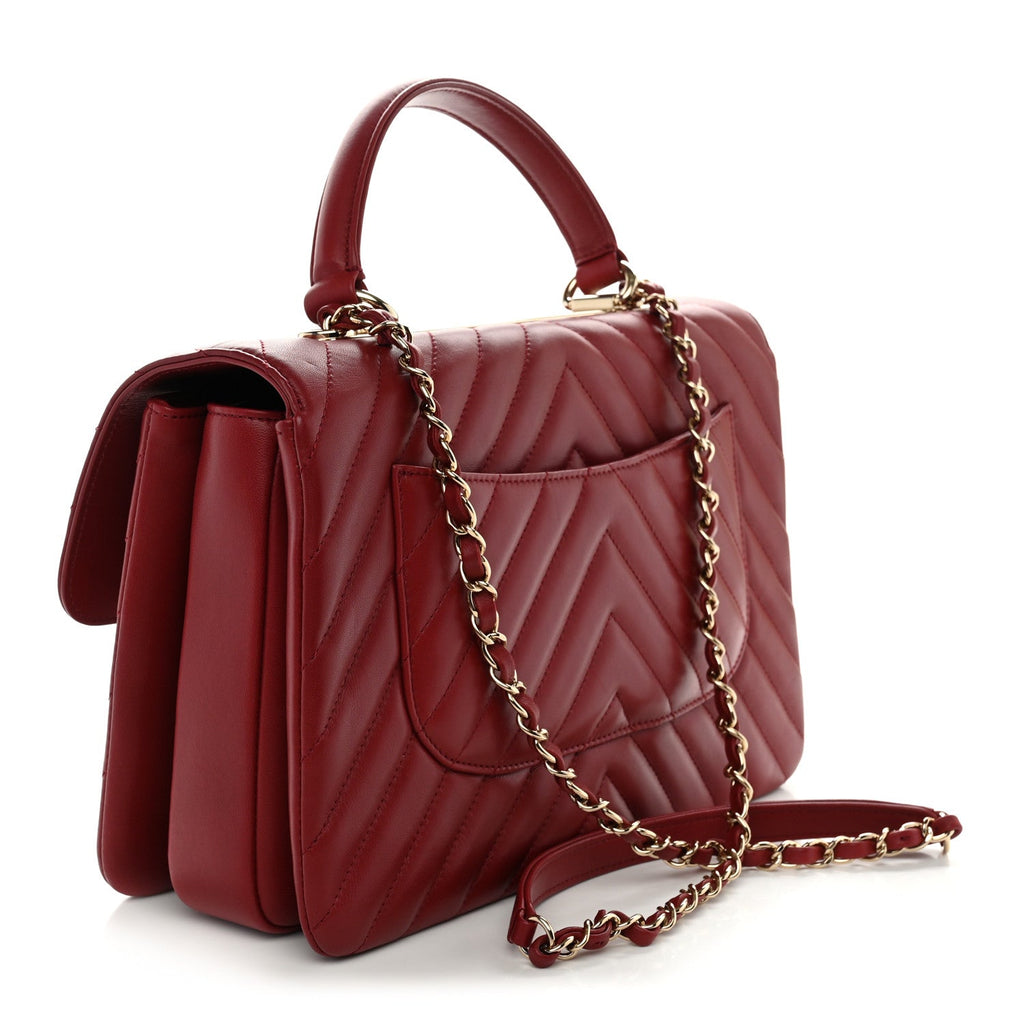 Lambskin Chevron Quilted Medium Trendy CC Dual Handle Flap Bag Red