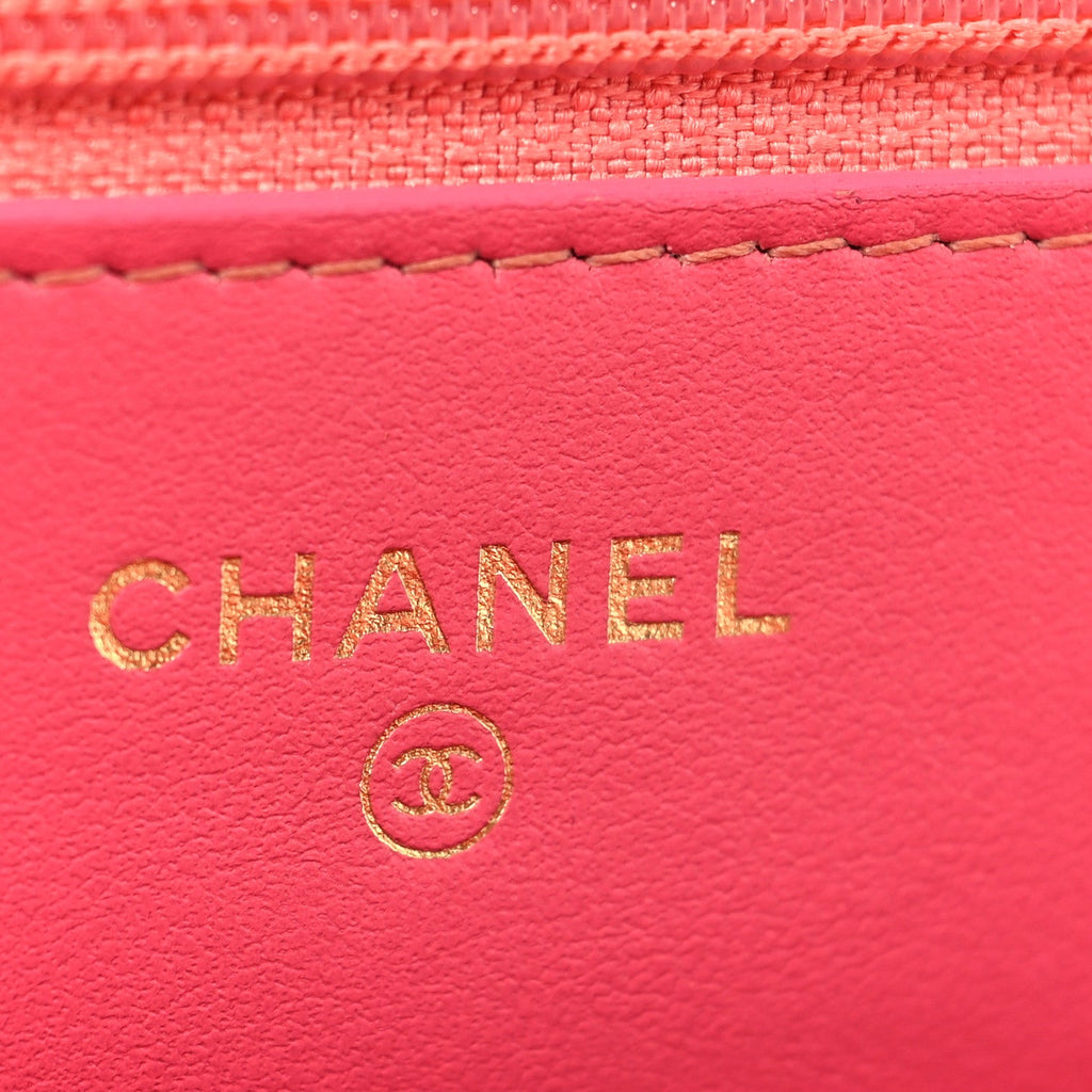 Wool Tweed Lambskin Quilted Chanel 19 Wallet On Chain WOC Coral Pink