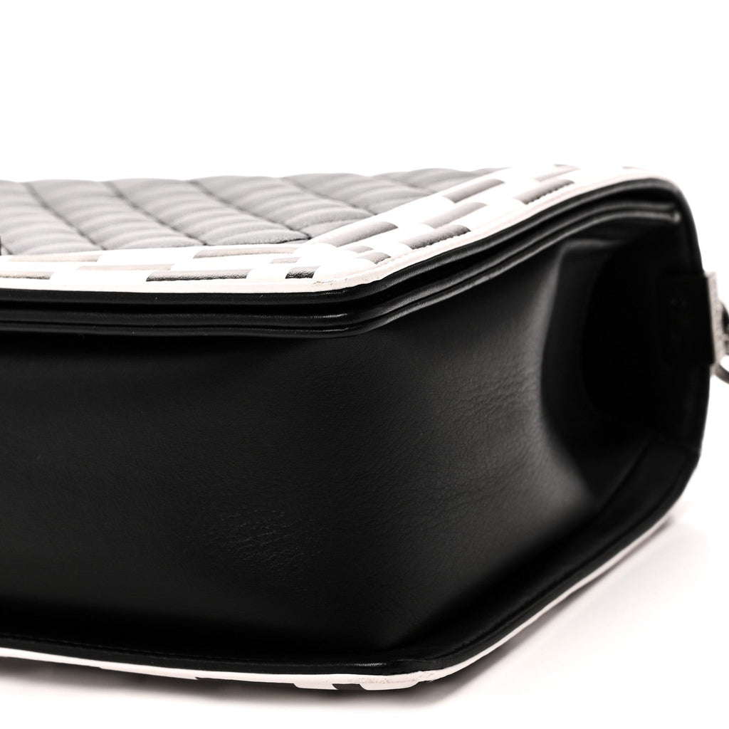 Calfskin Quilted Checkerboard Trim New Medium Boy Flap Black White