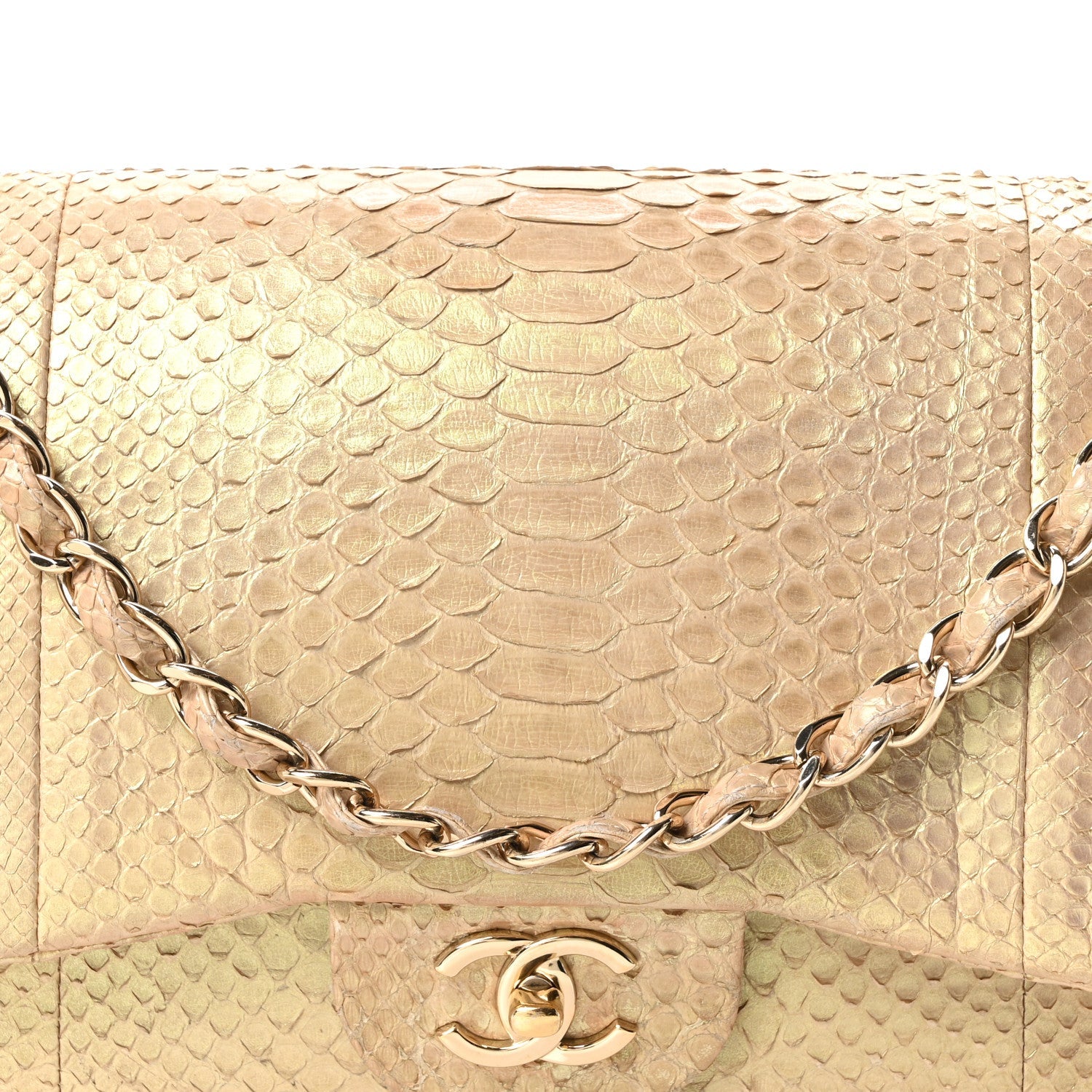 Metallic Snakeskin Jumbo Double Flap Light Beige