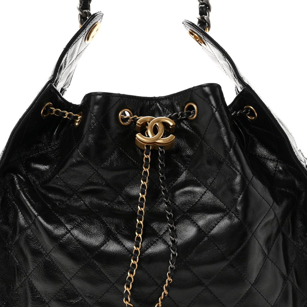 Shiny Crumpled Calfskin Quilted Medium Chanel 25 Handbag Black