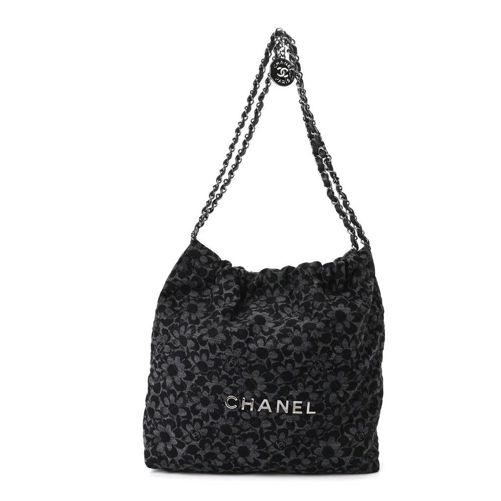 Denim Quilted Floral Print Small Chanel 22 Black
