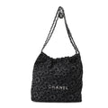 Denim Quilted Floral Print Small Chanel 22 Black