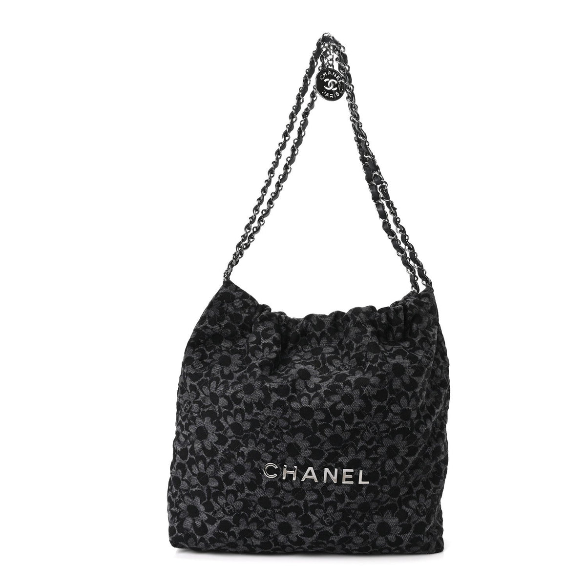Denim Quilted Floral Print Small Chanel 22 Black