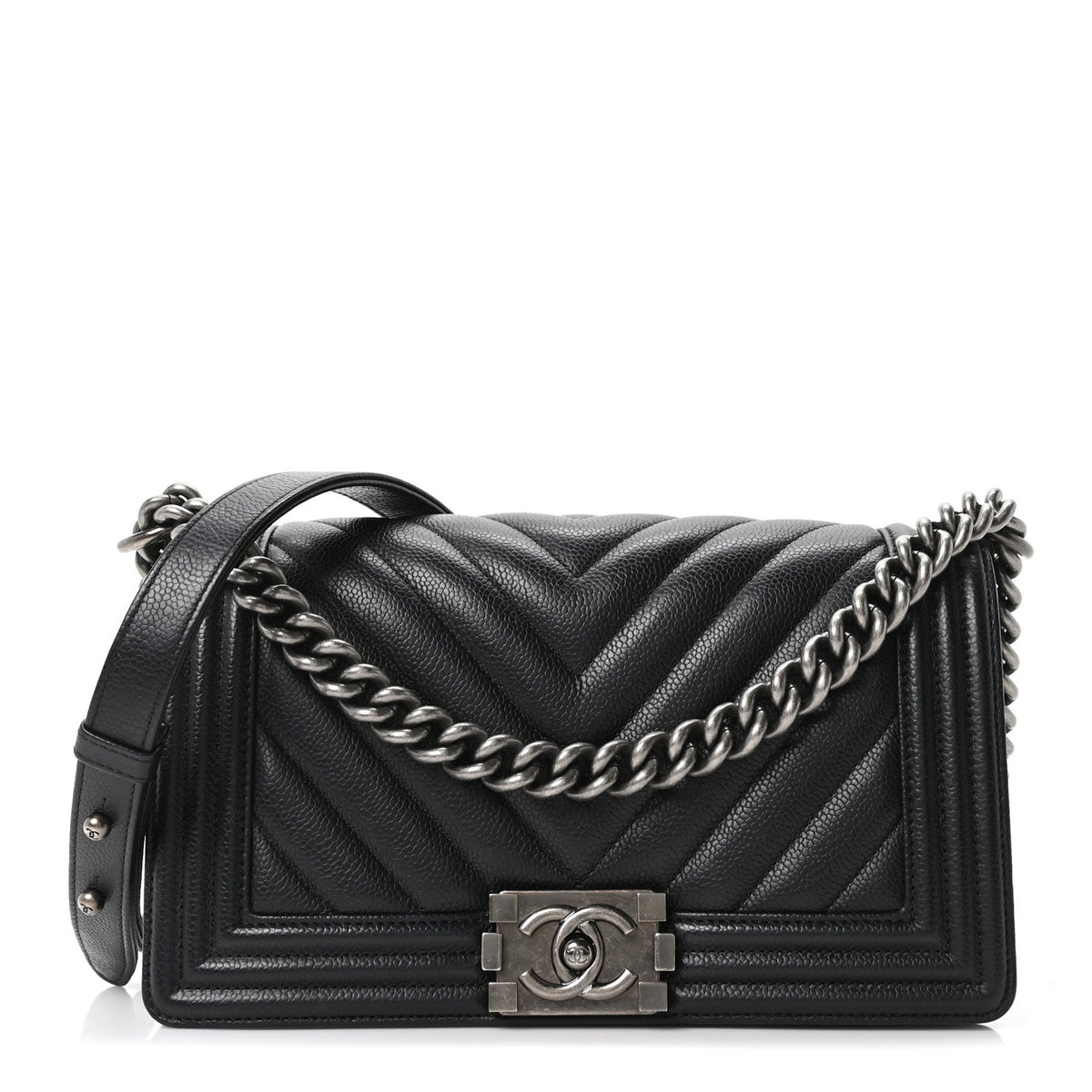 Caviar Chevron Quilted Medium Boy Flap Black