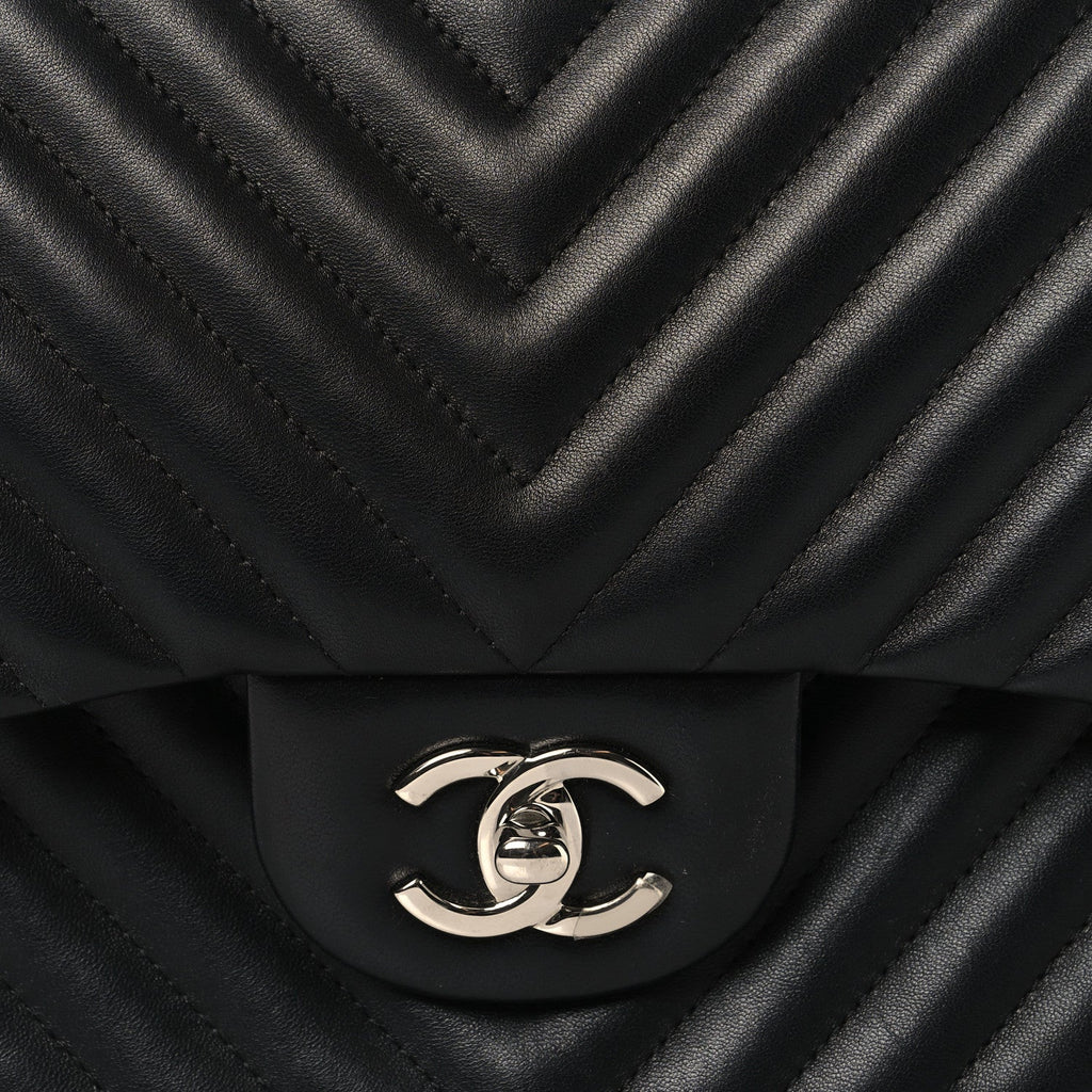 Lambskin Chevron Quilted Jumbo Double Flap Black