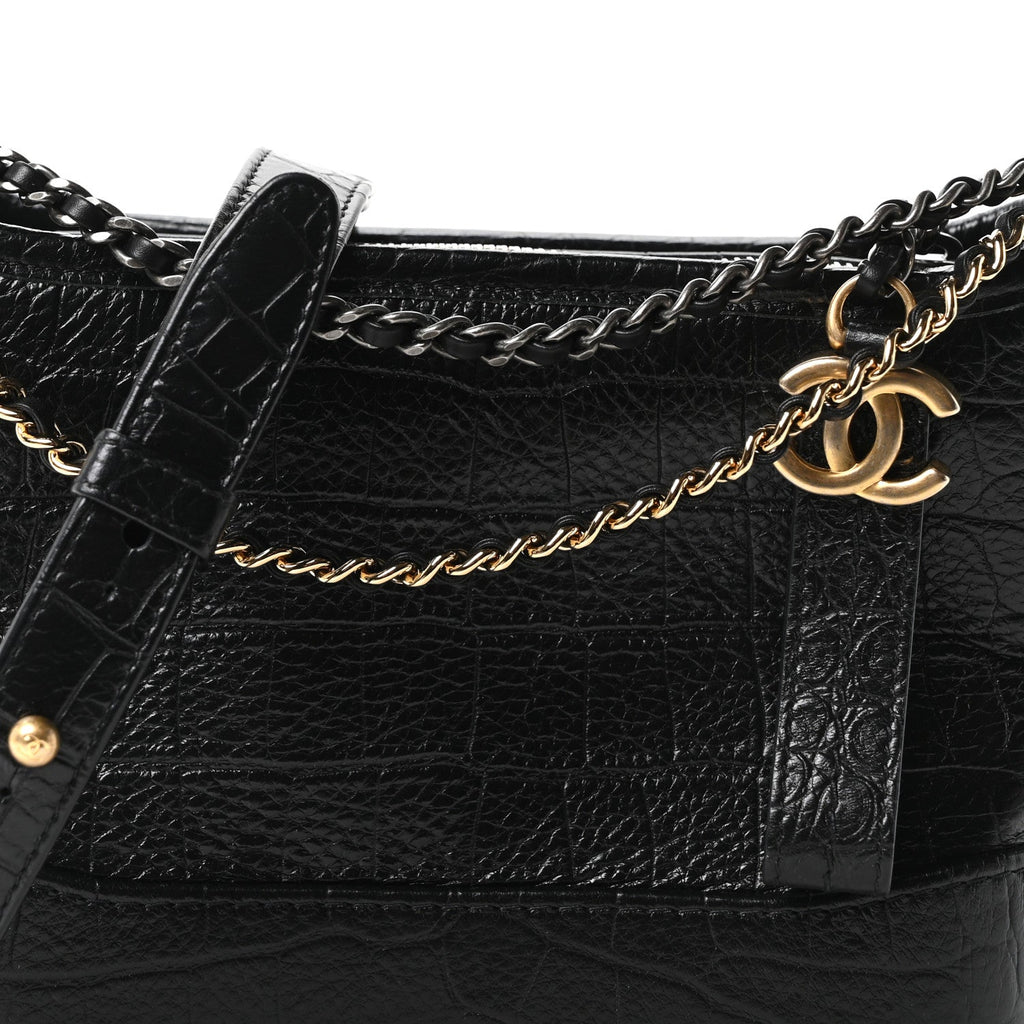Calfskin Crocodile Embossed Small Gabrielle Cocodile Hobo Black