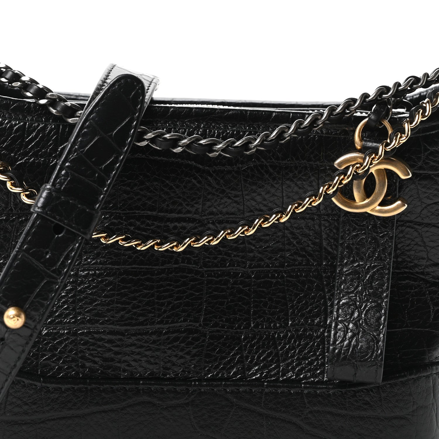 Calfskin Crocodile Embossed Small Gabrielle Cocodile Hobo Black